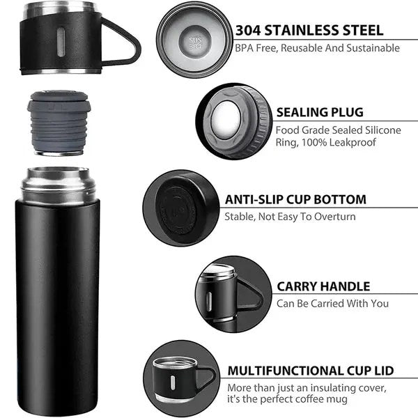 3 Cup 500 Ml Double-layer Stainless Steel Vacuum Flask Set